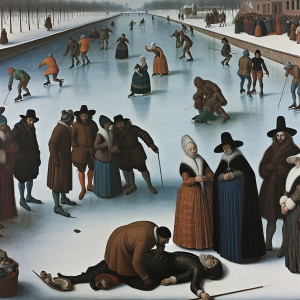 Overleden persoon in winterlandschap - Historische scène taal leren Nederlands Historische winterscène van Hendrick Avercamp met een overleden persoon op het ijs, omringd door rouwende mensen en een dokter in oude kleding