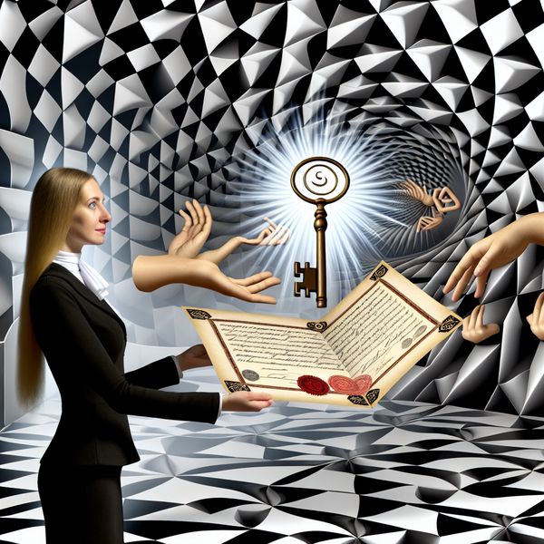 Surrealistische illustratie van een persoon die een officieel document vasthoudt dat transformeert in een driedimensionaal bewijsstuk, zoals een sleutel of embleem, in de stijl van M.C. Escher