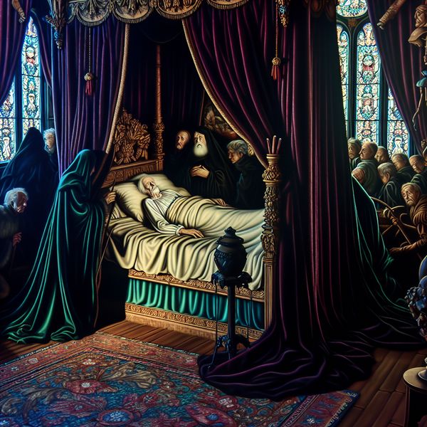 Overlijden van een koning in middeleeuwse setting met symboliek en rouwende familie Grote koninklijke slaapkamer met een stervende oude koning in een vierposterbed, omringd door rouwende familie en hovelingen in middeleeuwse kleding, symbolische details zoals een verwelkte bloem en een omgevallen zandloper