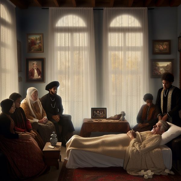 Overlijden in een serene woonkamer Elderly man lying peacefully in bed surrounded by family members in a cozy living room during a mourning moment.