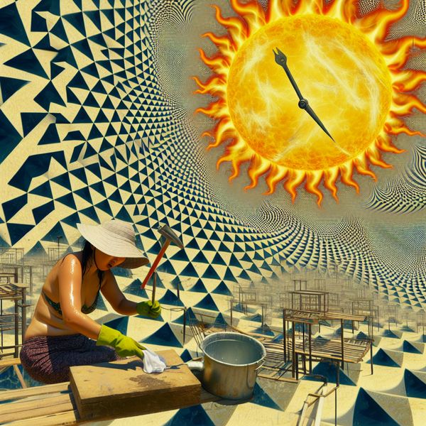 Overmaat betekenis: surrealistische Escher-illustratie van excessieve hitte en ongemak Surrealistische illustratie van 'overmaat' in de stijl van M.C. Escher, met een persoon die lijdt onder extreme hitte en smeltende gereedschappen in een geometrisch verwrongen omgeving