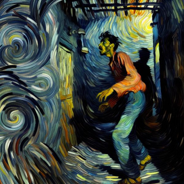 Overmeesterende angst in Van Gogh-stijl: emotie en spanning in schilderkunst Man loopt angstig een donkere steeg in met dreigende schaduwen, geïnspireerd op Van Gogh, die plotselinge overweldigende angst uitbeeldt