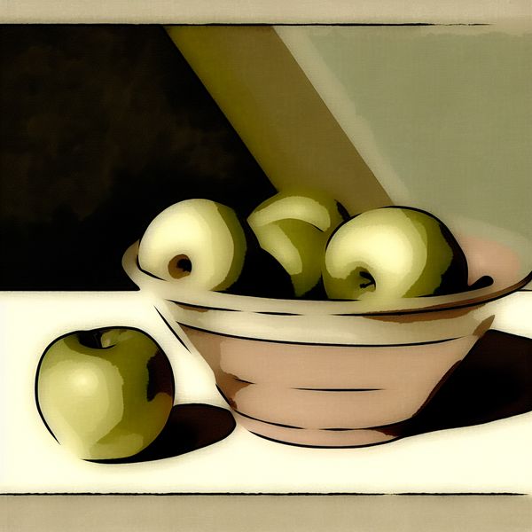 Overrijpe, Zachte Appels in Retro-futuristische Stijl Een schaal met overrijpe, zachte appels in modern retro-futuristische stijl