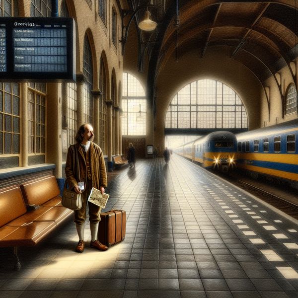 Overstapmoment op Nederlands treinstation in Vermeer-stijl - Taal leren Nederlands Reiziger met koffer en treinticket kijkt naar vertrekbord op rustig Nederlands treinstation in Vermeer-stijl, symboliserend overstapmoment