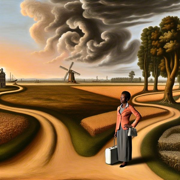 Overstap naar nieuwe baan: symbolische carrièreverandering in landschap van Jacob van Ruisdael Persoon bij kruispunt in weids landschap met traditioneel kantoor en modern werkplek, symbool voor carrièrestap en verandering
