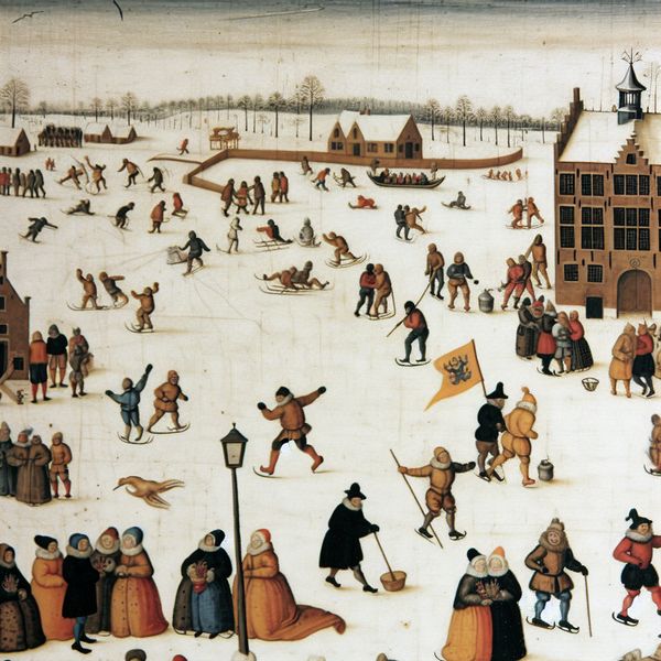 Gedetailleerde wintertafereel van een druk bevroren kanaal waarop iemand overstapt van de ene groep naar de andere, symbolisch voor het wisselen van aanbieder of werkgever