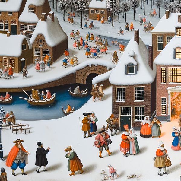 Overstappen naar nieuwe school of omgeving in historische winterscène 17e-eeuwse Nederlandse winterscène met schoolkinderen en volwassenen die van school of omgeving veranderen, geschilderd in de stijl van Hendrick Avercamp