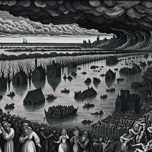 Illustratie van een krachtige overstromingsscenario met mensen die evacueren uit hun ondergelopen huizen en een dramatisch landschap vol water