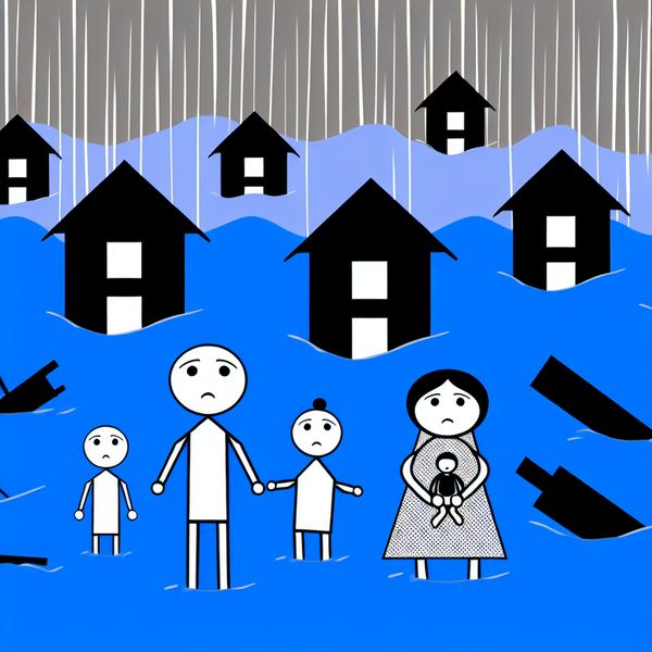Minimalistische illustratie van een verwoest dorp na een overstroming, in de stijl van Dick Bruna, met donkerblauw water, gebroken huizen en geschokte inwoners