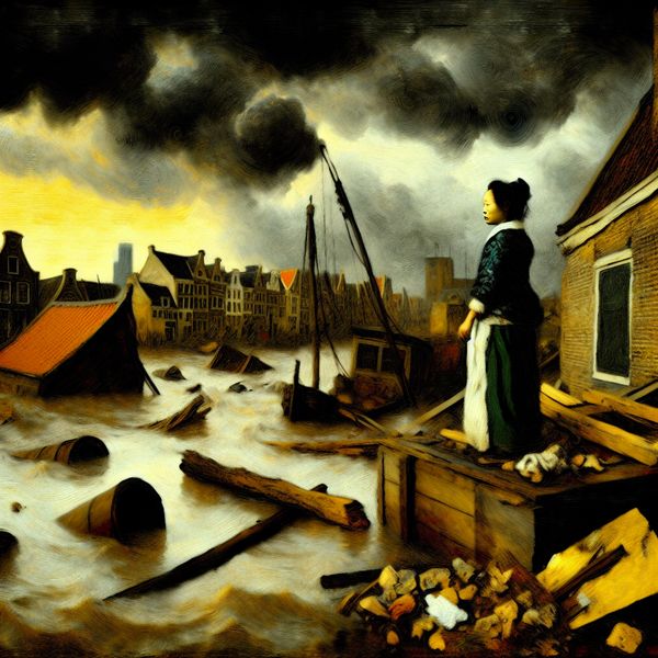 Overstroming in de stad: gevolgen van natuurlijk onheil Een dramatische afbeelding van een stad die getroffen is door ernstige overstromingen na zware regenval, met huizen die gedeeltelijk onder water staan en een figuur op een dak die er verloren uitziet.