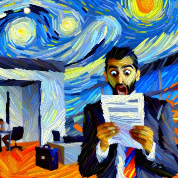 Plotselinge ontslagschok in Van Gogh-stijl: overval op de werkvloer Schokkende man in modern kantoor met ontslagbrief, omringd door chaotische Van Gogh-achtige penseelstreken in diepblauw, oranje en wit, die plotselinge emotionele ontreddering uitbeeldt