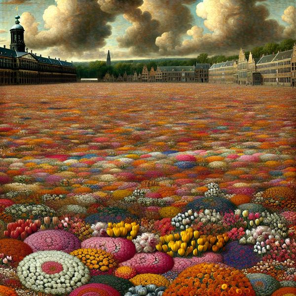 Overvloed in bloemen: klassieke Hollandse schilderkunst met symboliek van rijkdom en emotie Een weids bloemenveld in een stadskern, geschilderd in de stijl van Jacob van Ruisdael, symboliserend overvloed en emotionele diepgang