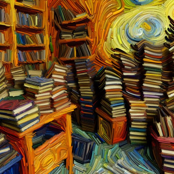 Chaotische kamer volgestapeld met boeken in Van Gogh-stijl, illustreert overvloedige hoeveelheid