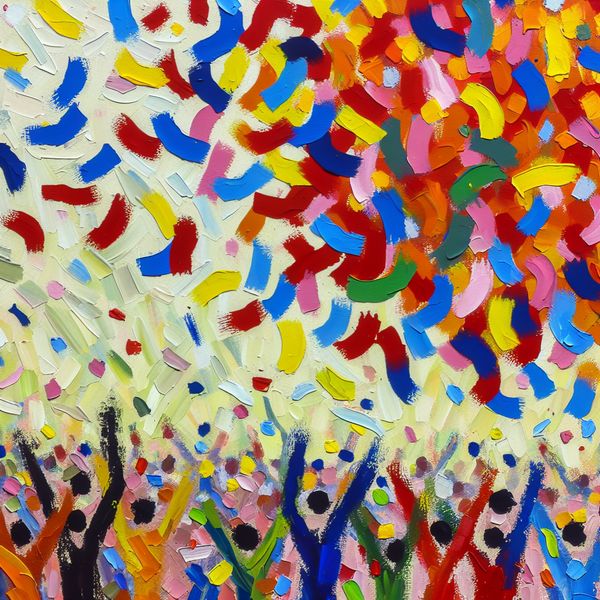 Overvloed en vrolijkheid: confetti die massaal naar beneden valt in expressieve kunststijl Abstracte voorstelling van overvloed met kleurrijke confetti die massaal naar beneden valt op een vrolijke menigte in de stijl van Karel Appel