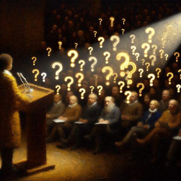 Dramatische Rembrandt-stijl schilderij van een spreker op een persconferentie, overspoeld door een stortvloed van gloeiende vraagtekens en spraakballonnen als metafoor voor overvloed aan vragen