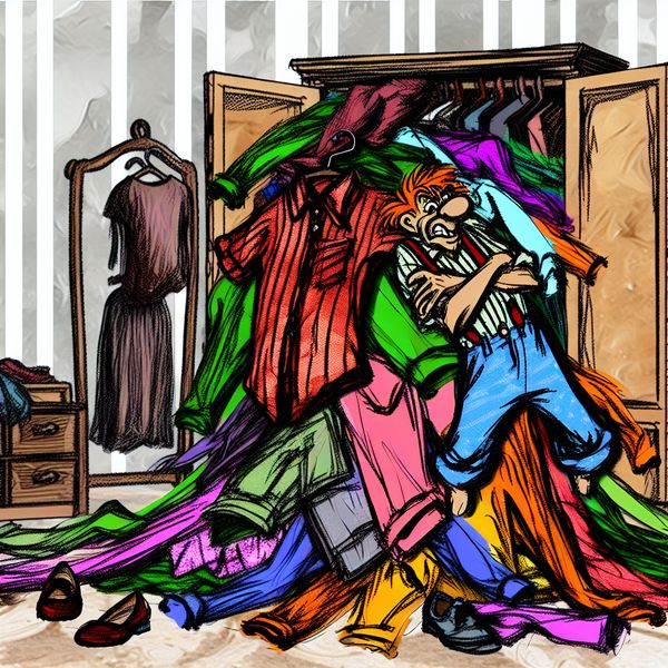 Illustratie van onvoldoende plek in een overvolle kast - Nederlands leren Cartoonkast die uitpuilt met kleding en schoenen, illustratie van onvoldoende plek of ruimte