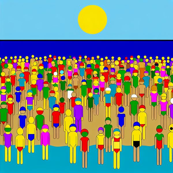 Minimalistische illustratie van een overvolle strandscène met veel identieke figuurtjes in felle kleuren, die overvloed en grote hoeveelheden uitbeelden