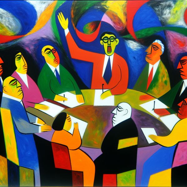 Overwegen in commissie: abstracte voorstelling van formeel beraad en besluitvorming Abstract schilderij van een formele commissievergadering met expressieve figuren die overleggen, geïnspireerd op Karel Appel, ter illustratie van het woord 'overwegen'