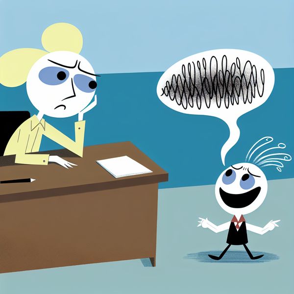 Overwhelmed Character with Annoying Companion Cartoonish karakter dat gefrustreerd aan een bureau zit terwijl een klein figuurtje naast hem onafgebroken praat.