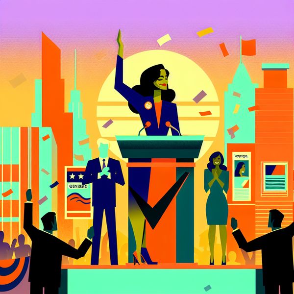 Overwinning verkiezingen illustratie - retro-futuristische politieke zege Vrouwelijke politicus viert overwinning bij verkiezingen op podium met juichende supporters en stembus met vinkje