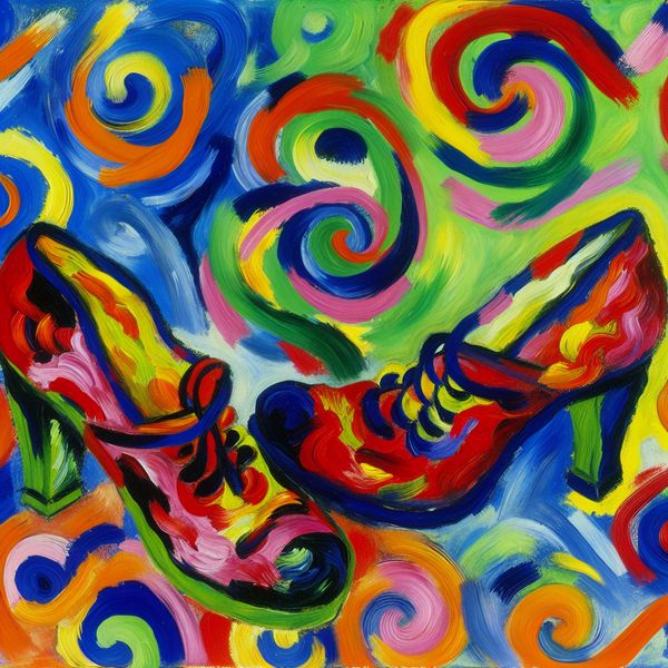 Kleurrijke schoenen als een paar in abstracte expressie Abstracte expressieve afbeelding van een paar kleurrijke schoenen zij aan zij, met een chaotische achtergrond van felle kleuren en energieke penseelstreken.