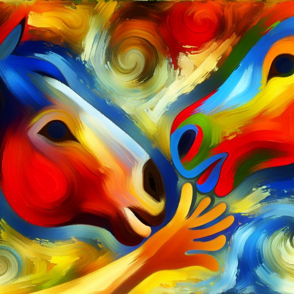Paard dat met neus duwt tegen hand - expressieve taalillustratie Abstract schilderij van een paardenhoofd dat zachtjes met zijn neus tegen een mensenhand duwt in de expressieve stijl van Karel Appel
