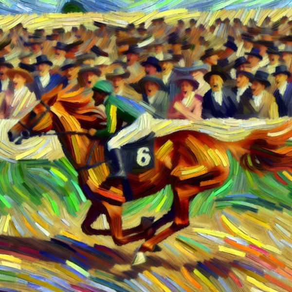 Paard op de Renbaan in Van Gogh Stijl Een paard racet over de renbaan met wapperende manen en staart, omgeven door een opgewonden menigte en heldere lucht