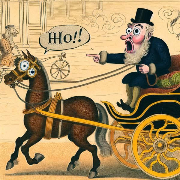 Cartoonachtige koets met verbaasde koetsier die 'Ho!' roept om het paard te laten stoppen, in stijl van Marten Toonder