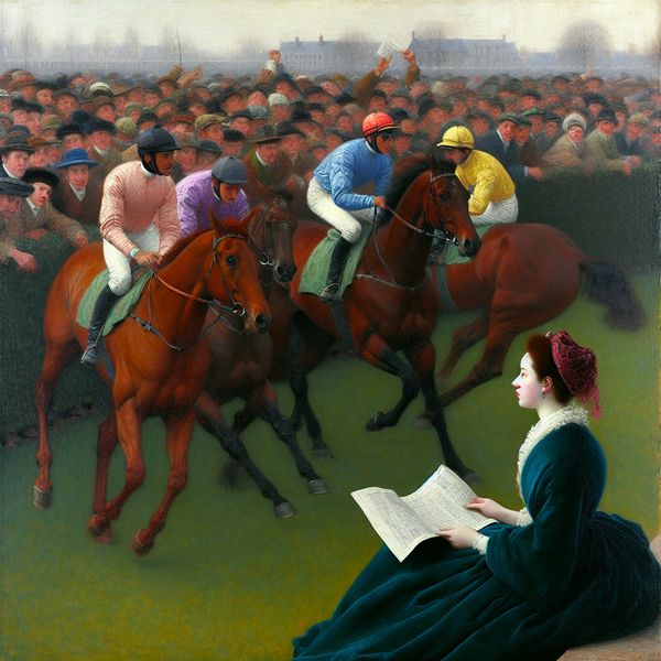 Wedden op Paardenraces - Een Moment van Anticipatie Een jonge vrouw houdt een wedbriefje vast en kijkt verwachtingsvol naar een paardenrace met juichende toeschouwers.