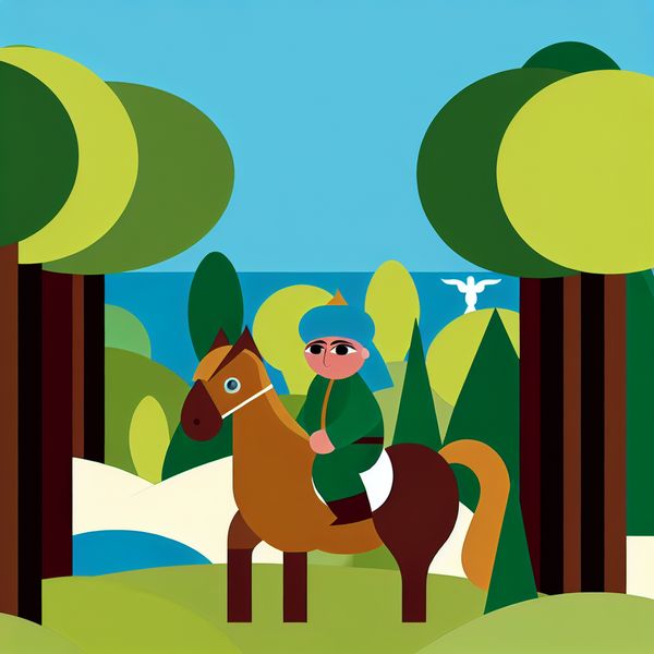 Paardrijden in een Levendig Bos Een kindachtige persoon rijdt gelukkig op een bruin paard in een levendig bos met groene bomen en een blauwe lucht.
