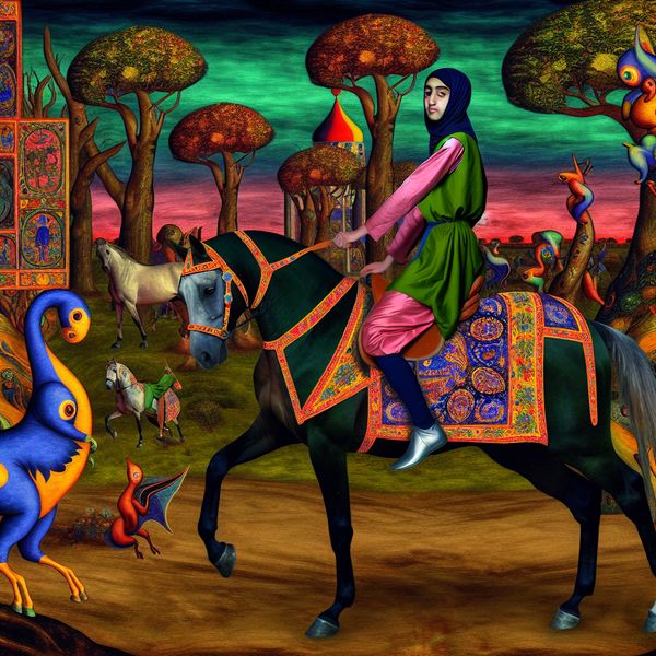 Surrealistisch paardrijden leren in een fantastische omgeving Een jong persoon leert paardrijden op een kleurrijk en fantasierijk paard terwijl bizarre wezens toekijken in een surrealistisch landschap.