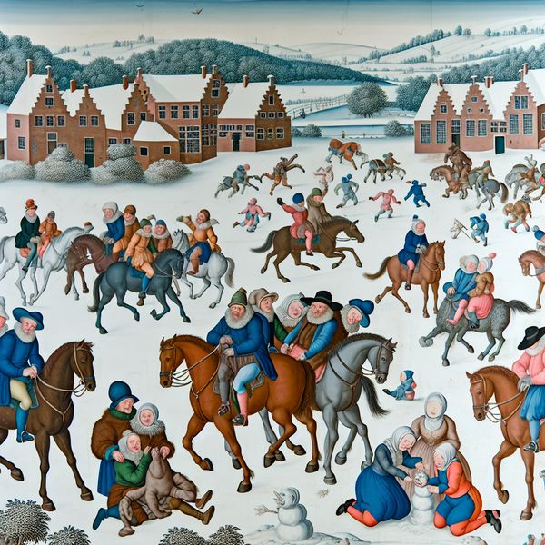 Prachtig winterse paardrijden in sfeervol Nederlands landschap Een levendig winterlandschap met mensen die paardrijden in de sneeuw, omringd door een gezellig dorp en kinderen die een sneeuwman bouwen.