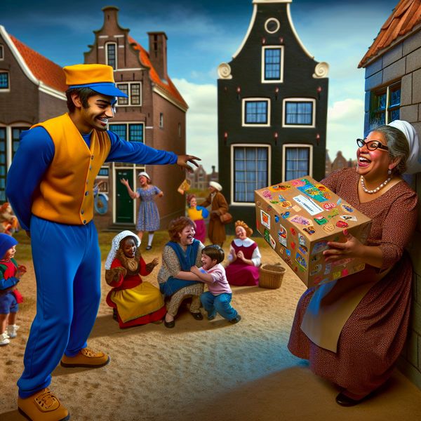 Pakketlevering Voor Een Nederlands Huis - Vrolijke Bezorgdienst Een levering van een pakket door een blije bezorger aan een opgewonde klant voor een gezellig Nederlands huis.