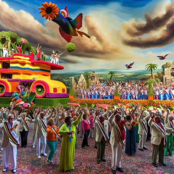 Majestueuze parade ter viering van 100 jaar stad Een majestueus paradebeeld ter viering van de 100ste verjaardag van de stad met kleurrijke wagens, feestende mensen en een dramatische lucht.