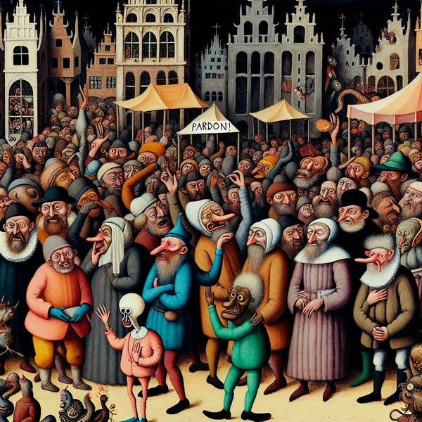 Pardon! in een Bizarre Markt vol Creaties Een chaotic, surrealistische markt vol bizarre wezens waarin een kleine figuur 'Pardon!' roept.