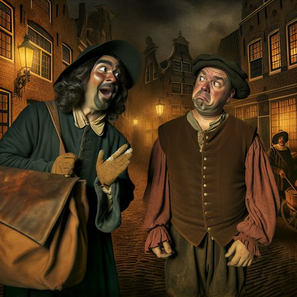 Pardon vragen in een historische Nederlandse straat Man in historische kleding vraagt pardon na een toevallige aanstoot in een sfeervolle straat van een oude Nederlandse stad.