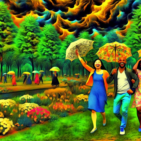 Stijlvolle Parkwandeling in de Regen van Ruisdael Trio met paraplu's in een park tijdens de regen in de stijl van Jacob van Ruisdael