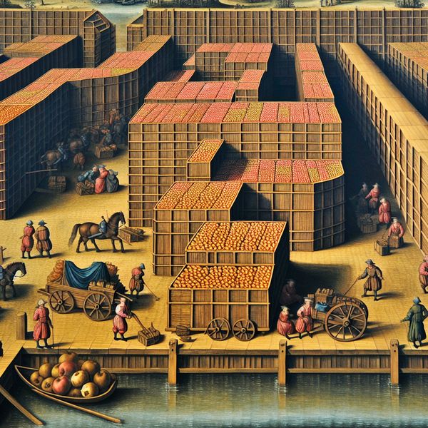 Partij appels in historische havenopslag - Nederlandse handel en logistiek in de Gouden Eeuw 17e-eeuws Hollands landschap met een drukke havenopslag vol houten kisten en vaten met appels, arbeiders en paardenkarren bij een kanaal