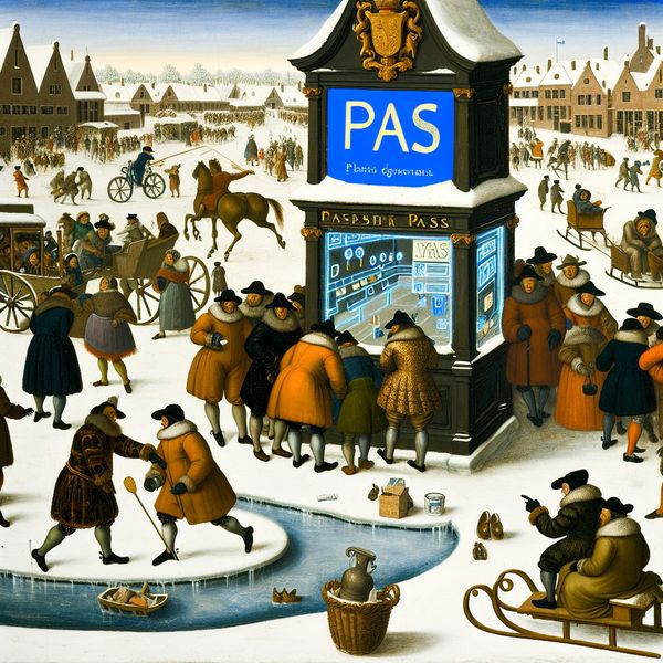 Drukbezochte Nederlandse dorpsplein in winter met digitale overheidsinformatiekiosk PAS waar burgers informatie opzoeken over vergunningen en regelgeving