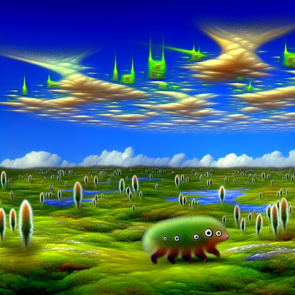 Een schattig, pasgeboren moor in een dromerig landschap, omringd door kleine, groene planten en een helderblauwe lucht.