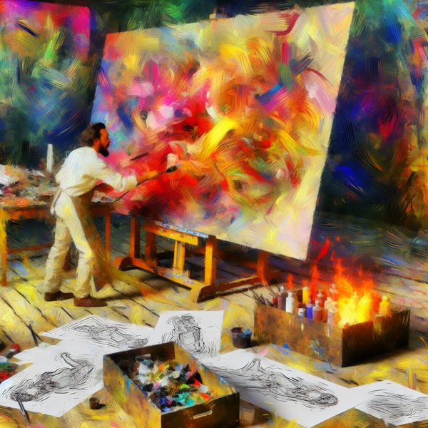 Passievolle kunstenaar schildert afstudeerproject Een jonge kunstenaar werkt gefocust aan een groot canvas in een levendige studio vol kleur.