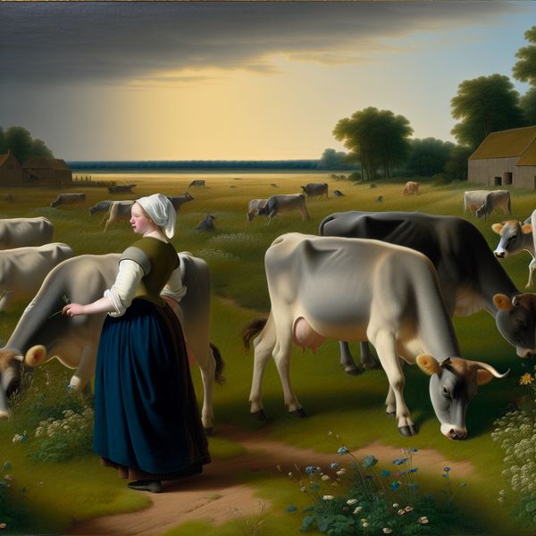 Boerenlandschap met een boer die een groep gezonde vaarzen in de wei observeert, verlicht door de stralen van de ondergang van de zon.