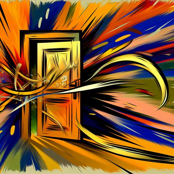 Abstracte weergave van plotselinge knal - Patat! deur dichtslaan in expressionistische stijl Abstract expressionistisch schilderij van een deur die met een luide knal dichtslaat, met explosieve penseelstreken en felle kleuren die de plotselinge klap 'Patat!' uitbeelden