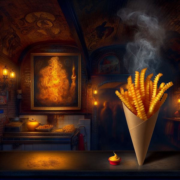 Patat met mayonaise: iconische Nederlandse snackbar lekkernij in dramatische stijl Gouden portie versgebakken patat met mayonaise in een papieren puntzak bij een Nederlandse snackbar in schemerlicht, met stoom en gothic details op de achtergrond