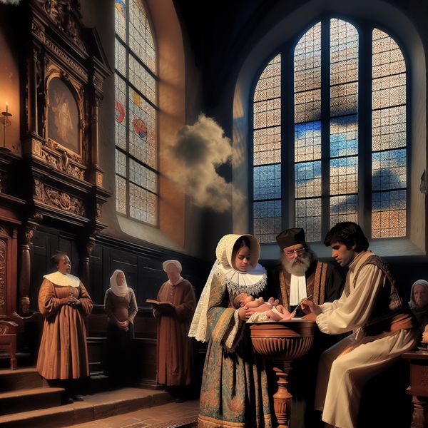 17e-eeuwse Nederlandse kerkinterieur tijdens doopceremonie met peetmoeder die een pasgeboren baby vasthoudt boven doopvont