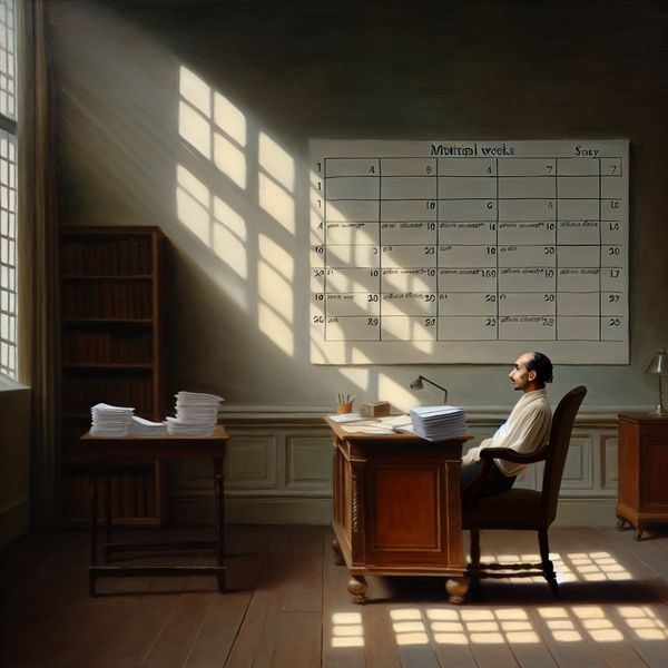Een persoon zit pensief aan een bureau in een sfeervol kantoor, omringd door papieren en een kalender.