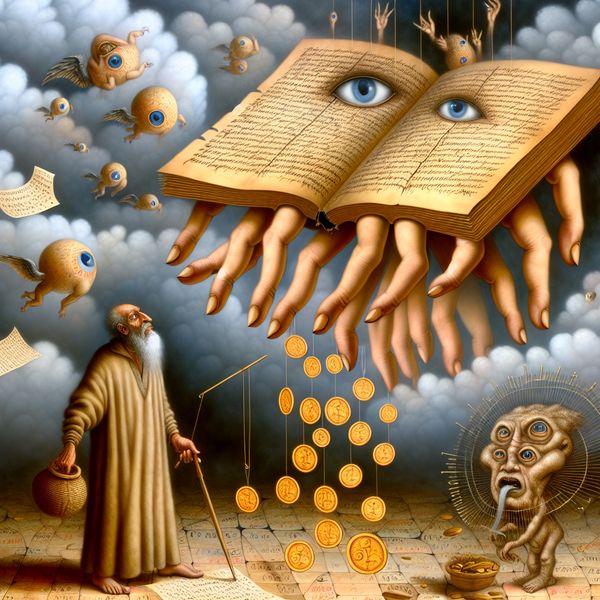 Pensioenaftrek surrealistisch uitgebeeld: bureaucratische nachtmerrie voor ouderen Surrealistische voorstelling van een bureaucratische nachtmerrie waarbij een oudere man zijn pensioengeld ziet verdwijnen door onzichtbare aftrekposten, in de stijl van Jheronimus Bosch
