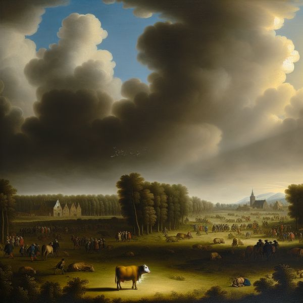 17e-eeuws Nederlands landschap met eenzame koe in de voorgrond, symboliserend 'per hoofd' of per individu, met een levendige markt op de achtergrond