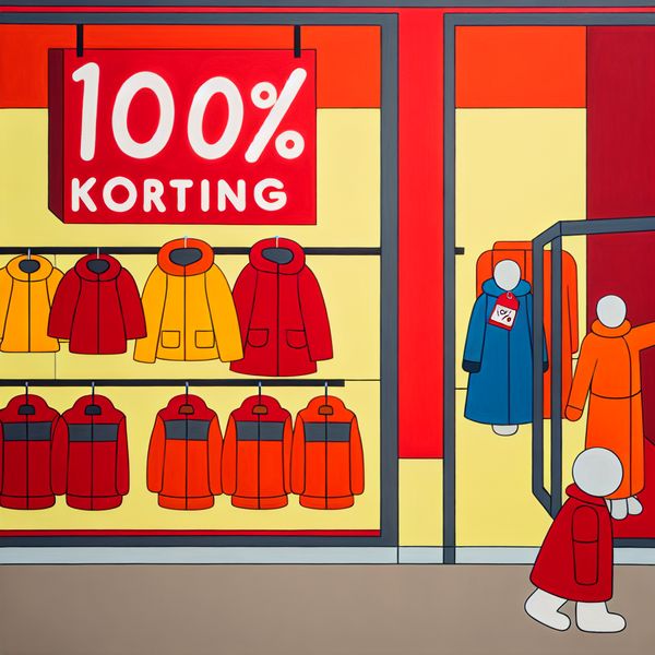 Minimalistische kledingwinkel met rode uitverkoopbord '10% KORTING' en winterjassen met kortingsprijzen, in stijl van Dick Bruna