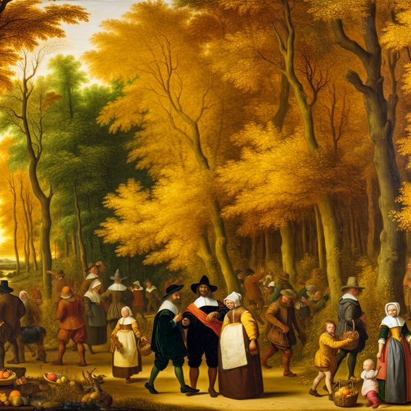Perfect herfstmoment in het bos - Ideaal voor een ontspannen wandeling in Nederlandse stijl 17e-eeuwse Nederlandse herfstscène met vrolijke groep mensen die genieten van een perfecte boswandeling in gouden herfstkleuren